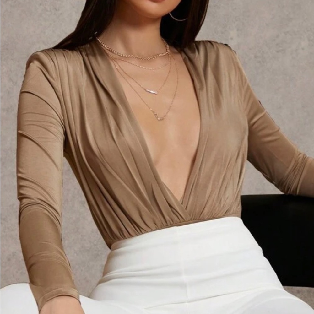 Tan Wrap Fitted Low Cut Bodysuit